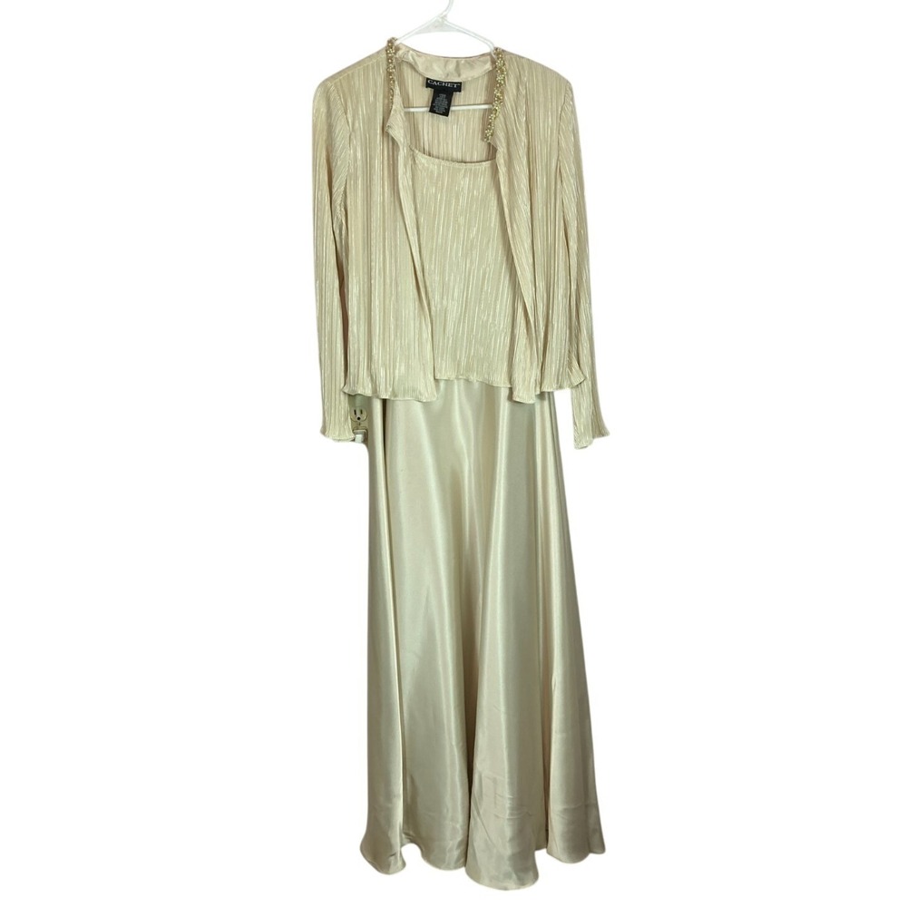 Cachet Dress Size‎ 12 Maxi Gown Long Formal Two Piece Beaded Jacket Champagne